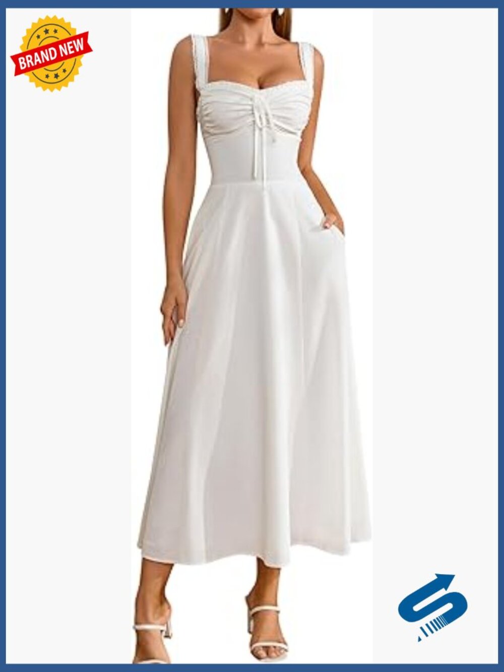 Vintage Corset Midi Dress with Pockets Flowy A-Line Lace Up Back - Picture 1 of 6